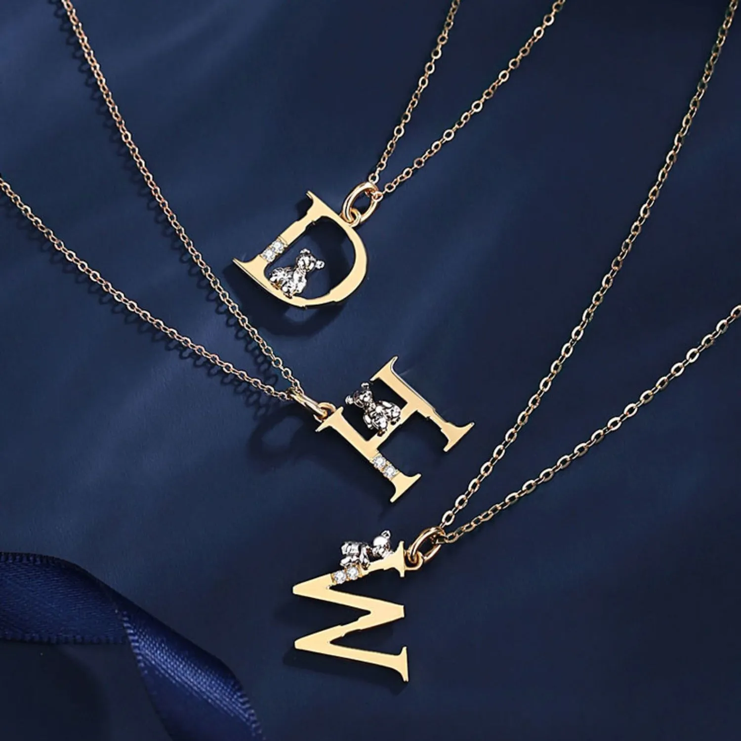 Custom Letter Bear Necklaces - Solid 18K Gold