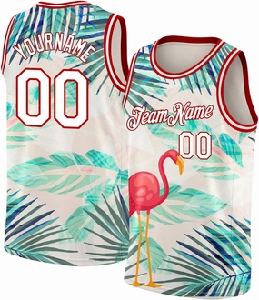 Custom Basketball Jersey, Custom White Red 3D Pattern Tropical Hawaii Leaves and Flamingo Basketballs Jerseys