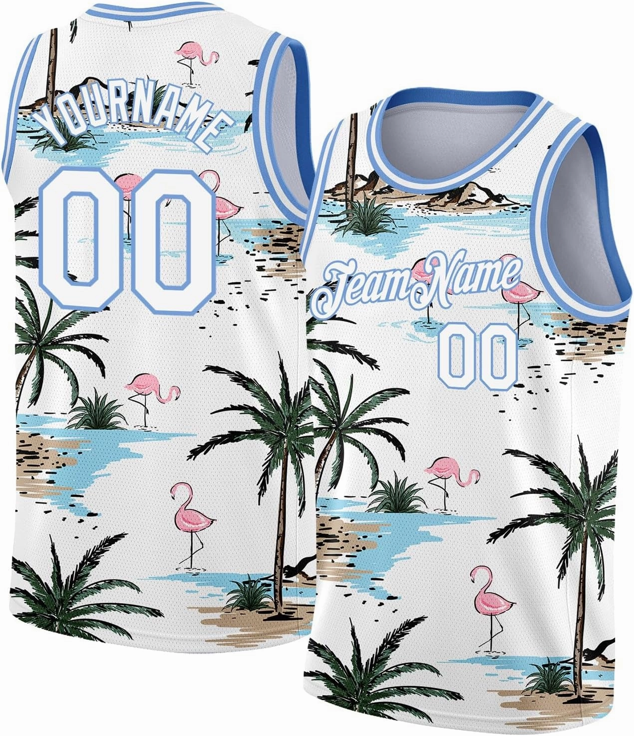 Custom Basketball Jersey, Custom White Red 3D Pattern Tropical Hawaii Leaves and Flamingo Basketballs Jerseys