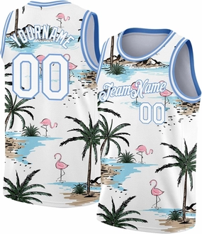 Custom Basketball Jersey, Custom White Red 3D Pattern Tropical Hawaii Leaves and Flamingo Basketballs Jerseys