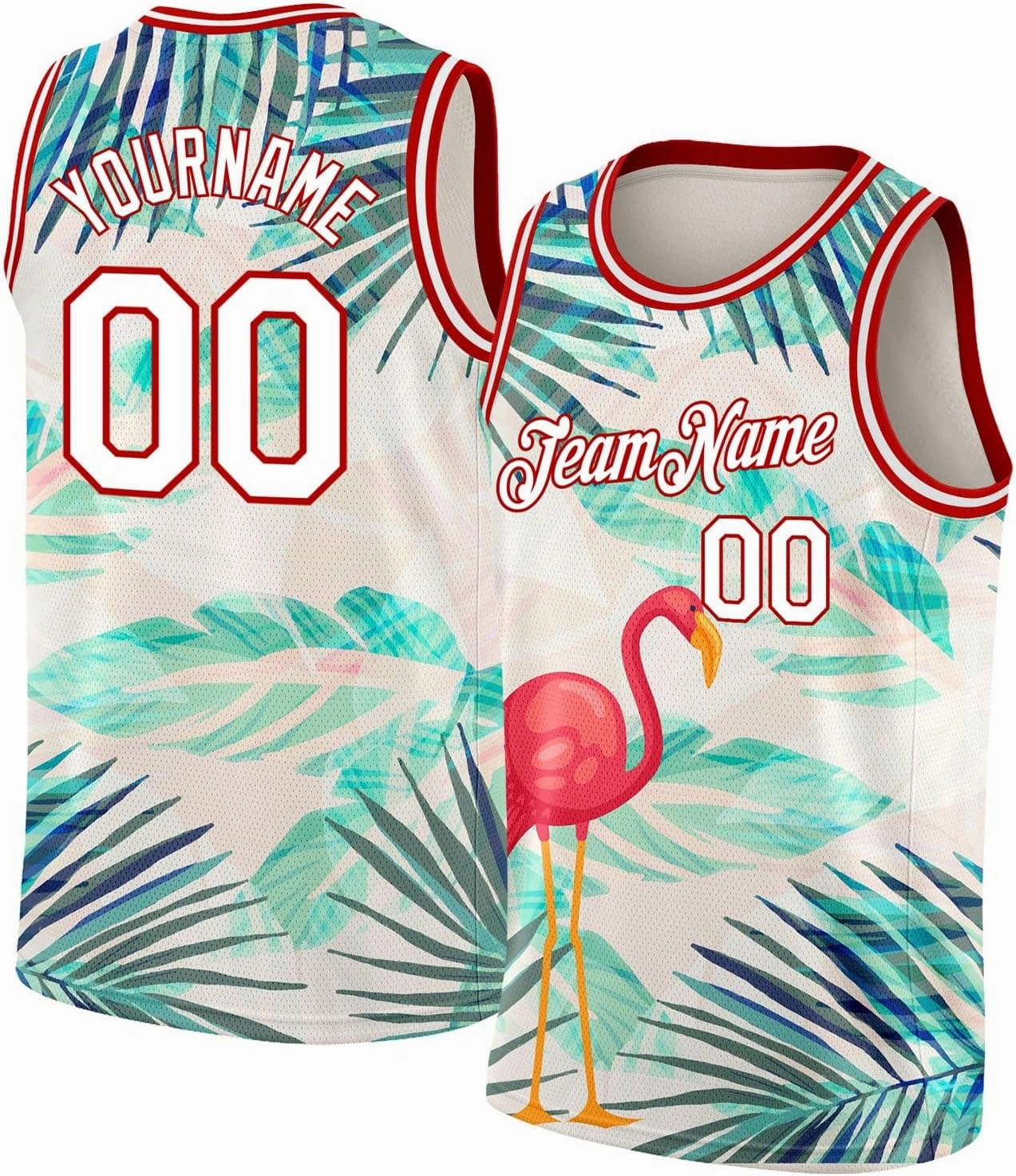 Custom Basketball Jersey, Custom White Red 3D Pattern Tropical Hawaii Leaves and Flamingo Basketballs Jerseys