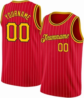 Custom Jersey Basketball, Custom Red Gold Pinstripe Gold-Black Basketballs Jerseys, Printed Name Number