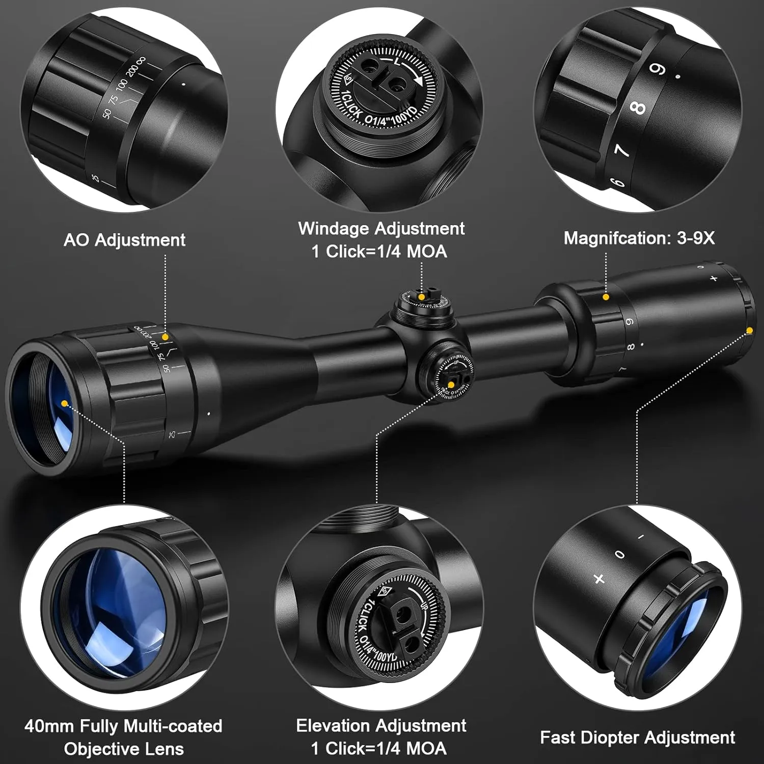 CVLIFE 3-9x40AO Rifle Scope Optics R4 Reticle Crosshair Scope with Mounts