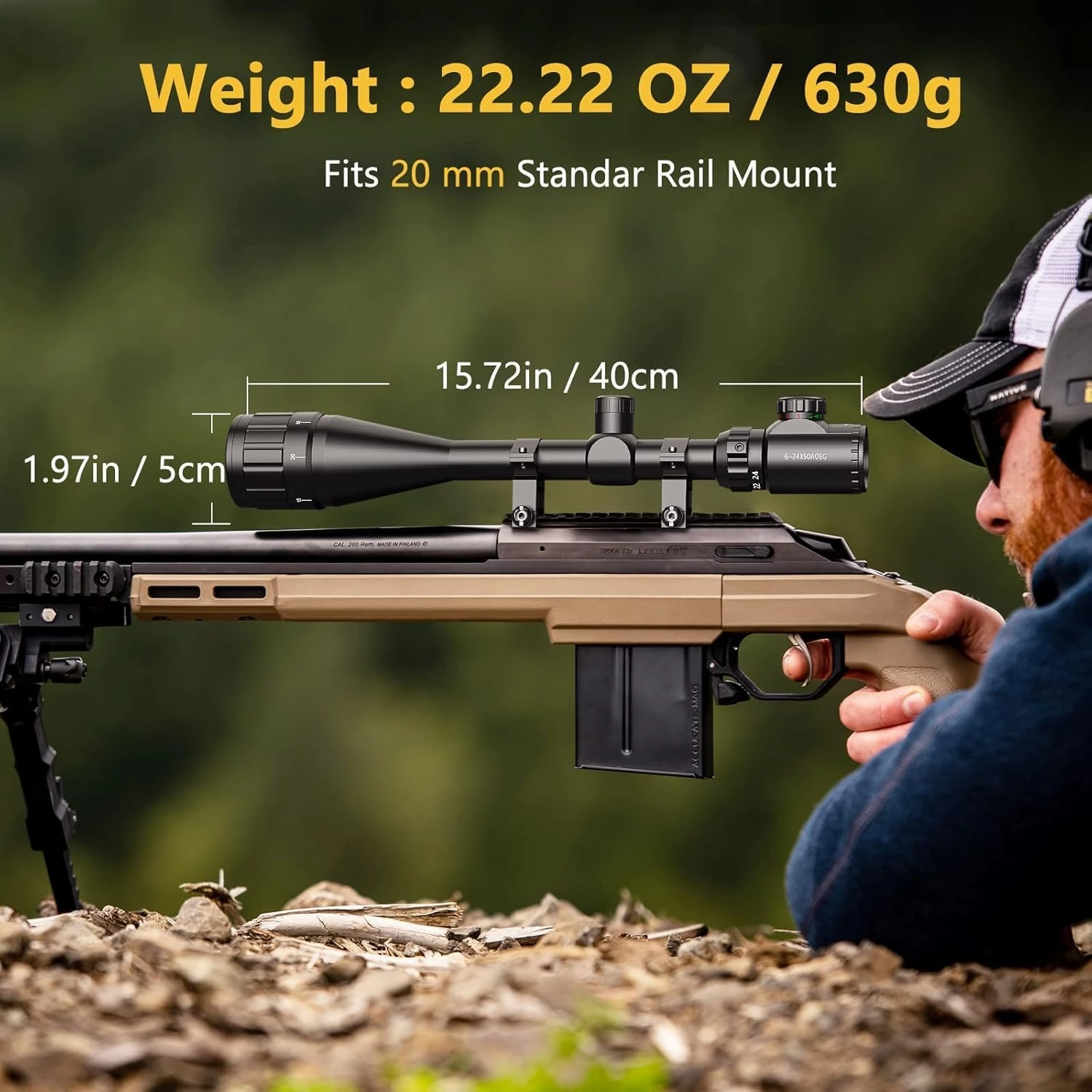 CVLIFE 6-24x50 AO Rifle Scope for Hunting - Red and Green Illuminated Reticle - Long Range 1 inch Tube RifleScope with Scope Rings