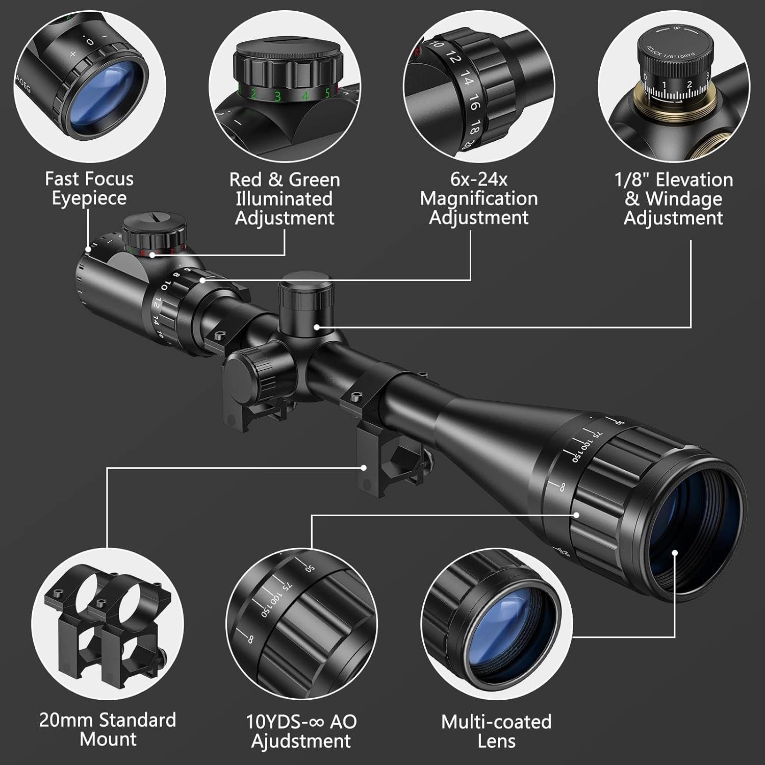 CVLIFE 6-24x50 AO Rifle Scope for Hunting - Red and Green Illuminated Reticle - Long Range 1 inch Tube RifleScope with Scope Rings