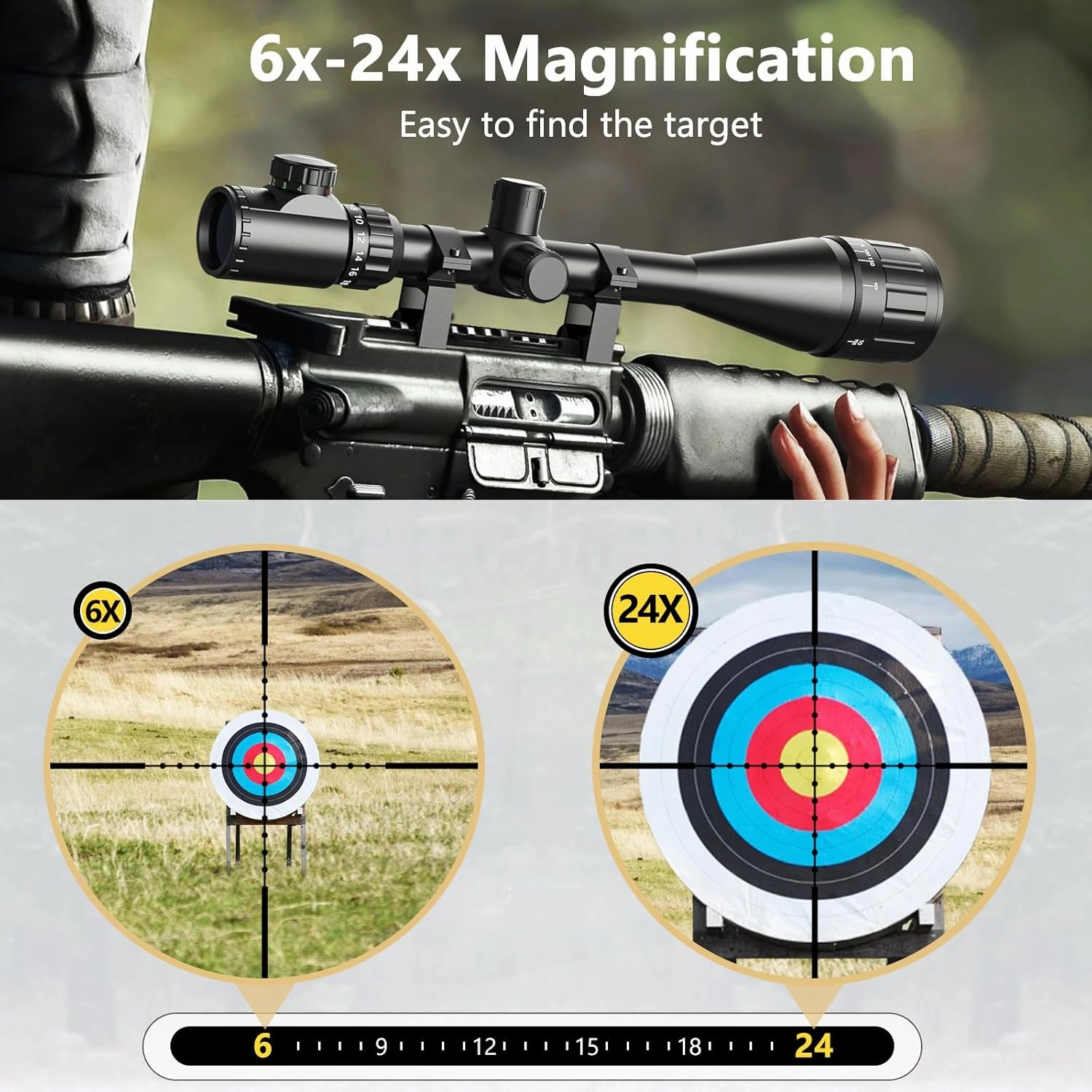 CVLIFE 6-24x50 AO Rifle Scope for Hunting - Red and Green Illuminated Reticle - Long Range 1 inch Tube RifleScope with Scope Rings