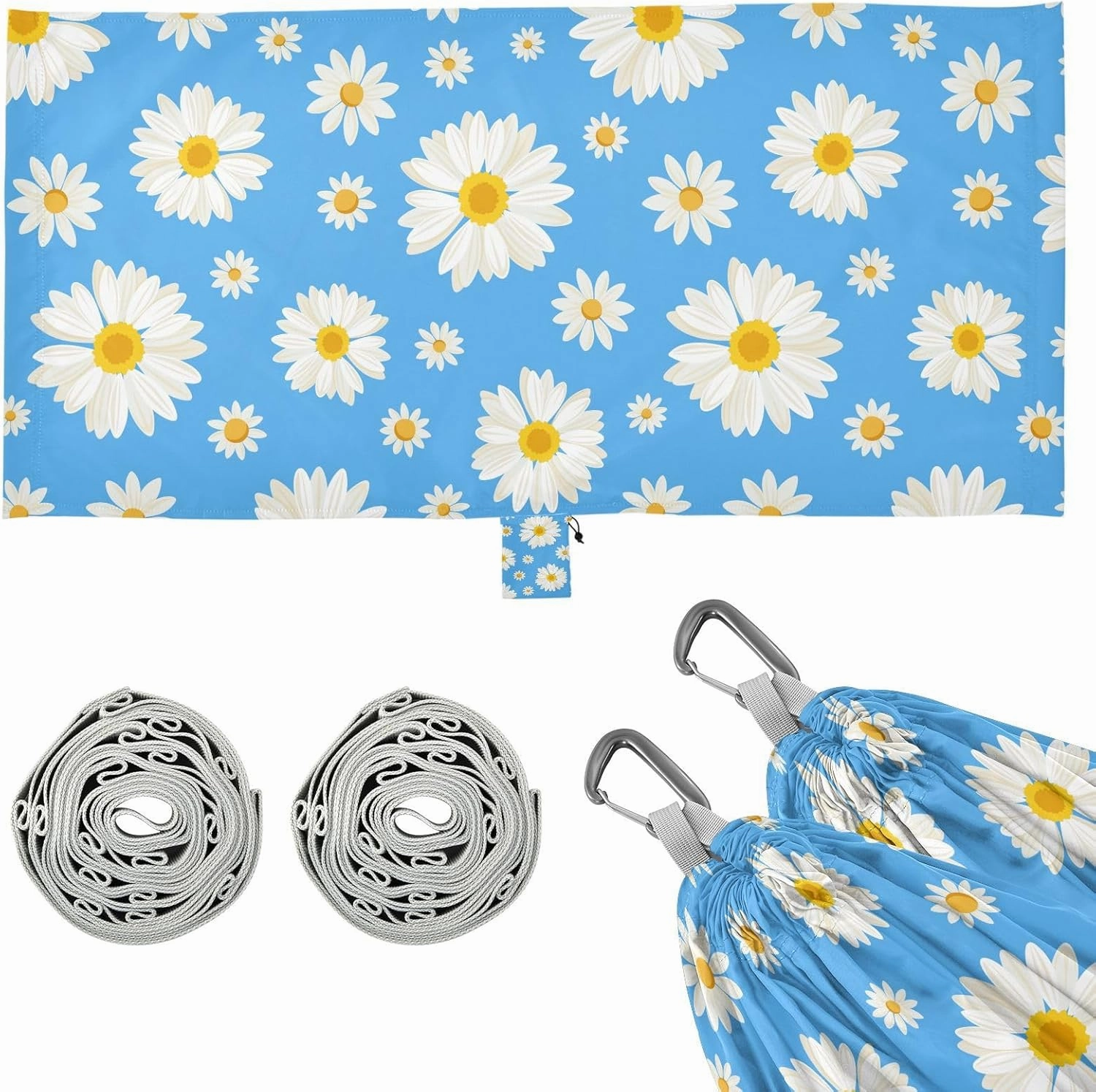 Daisy Flowers on Blue Background Camping Hammock with Tree Straps, Portable Lightweight Parachute Hammocks Camping Accessories Gear for Indoor Outdoor Backpacking Travel Hiking Beach