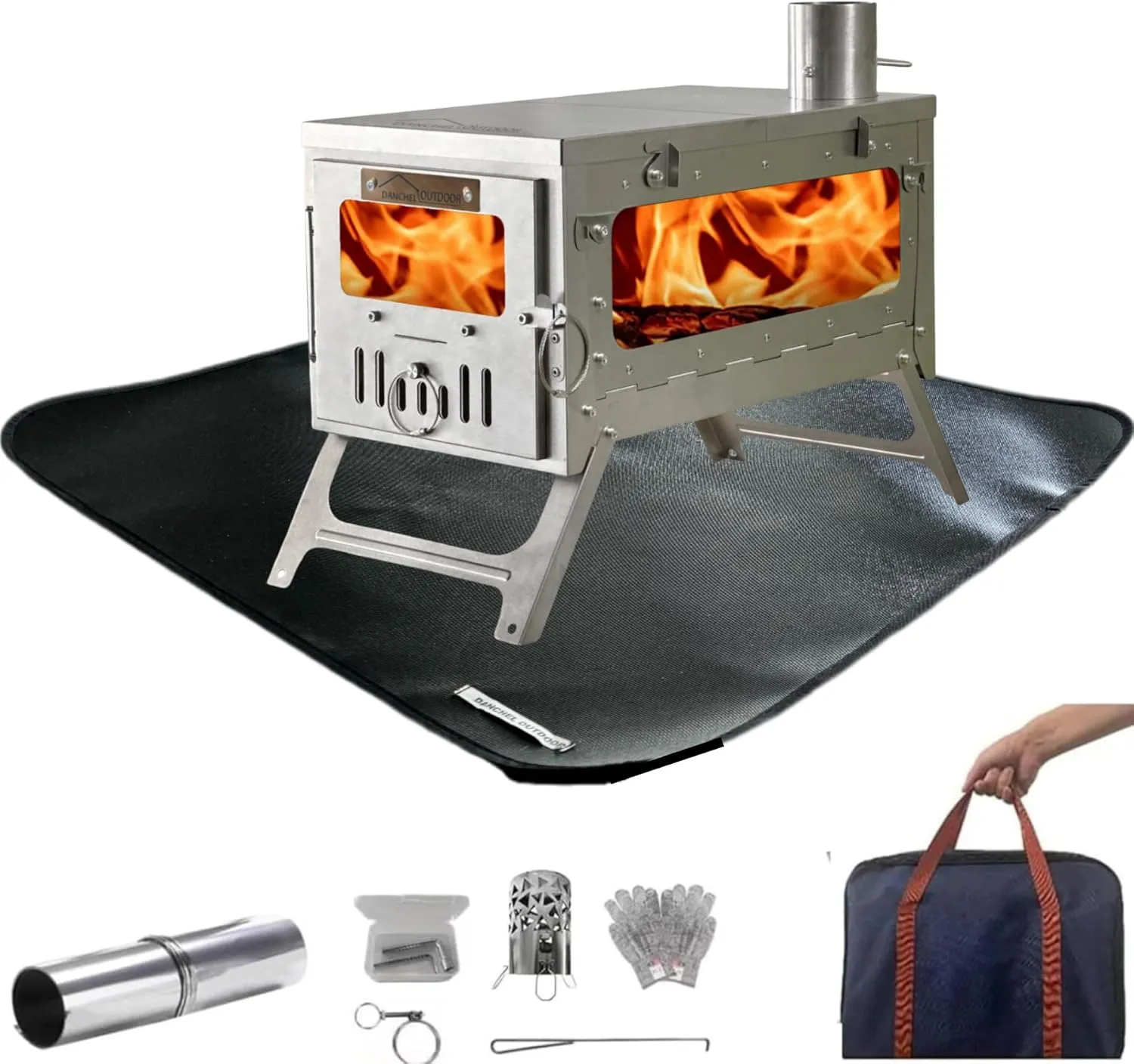 DANCHEL OUTDOOR TSG Foldable TA1 Titanium Tent Stove with Stove Fireproof Mat Pad,Small Wood Stove Burning Camping with Spark Arrestor Portable