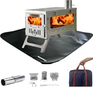 DANCHEL OUTDOOR TSG Foldable TA1 Titanium Tent Stove with Stove Fireproof Mat Pad,Small Wood Stove Burning Camping with Spark Arrestor Portable