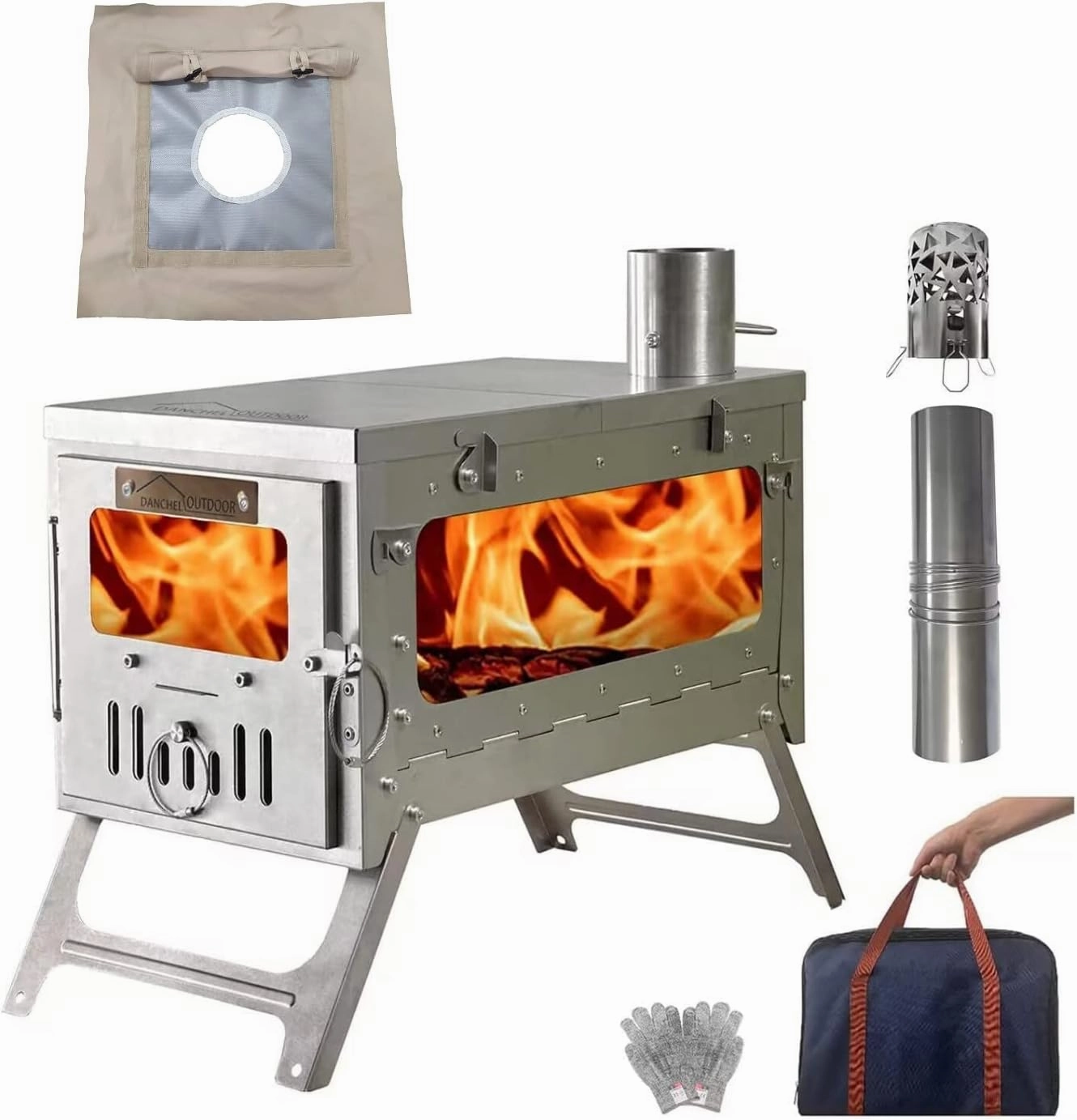 DANCHEL OUTDOOR TSG Folding Titanium Wood Stove with 5.85'' Canvas Stove Jack kit Rain Flap for Hot Tent Winter Camping