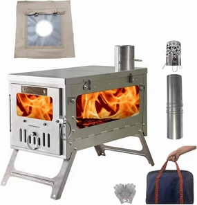 DANCHEL OUTDOOR TSG Folding Titanium Wood Stove with 5.85'' Canvas Stove Jack kit Rain Flap for Hot Tent Winter Camping
