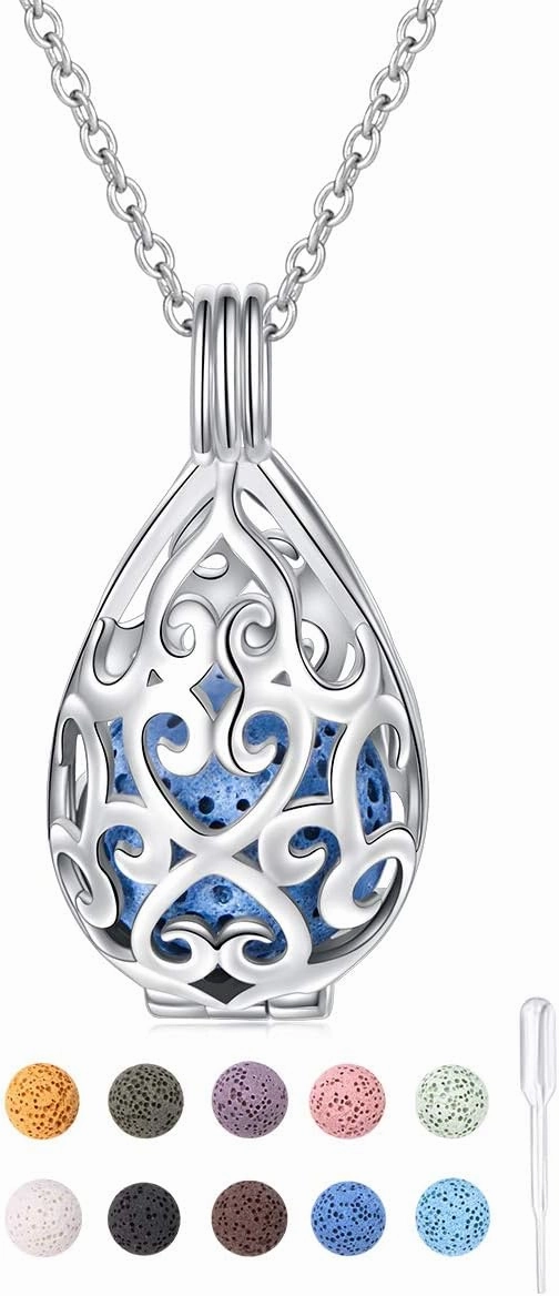 DAOCHONG S925 Sterling Silver Aromatherapy Essential Oil Diffuser Necklace Love Heart Locket Perfume Pendant Necklace Jewelry 18 2" Adjustable Chain