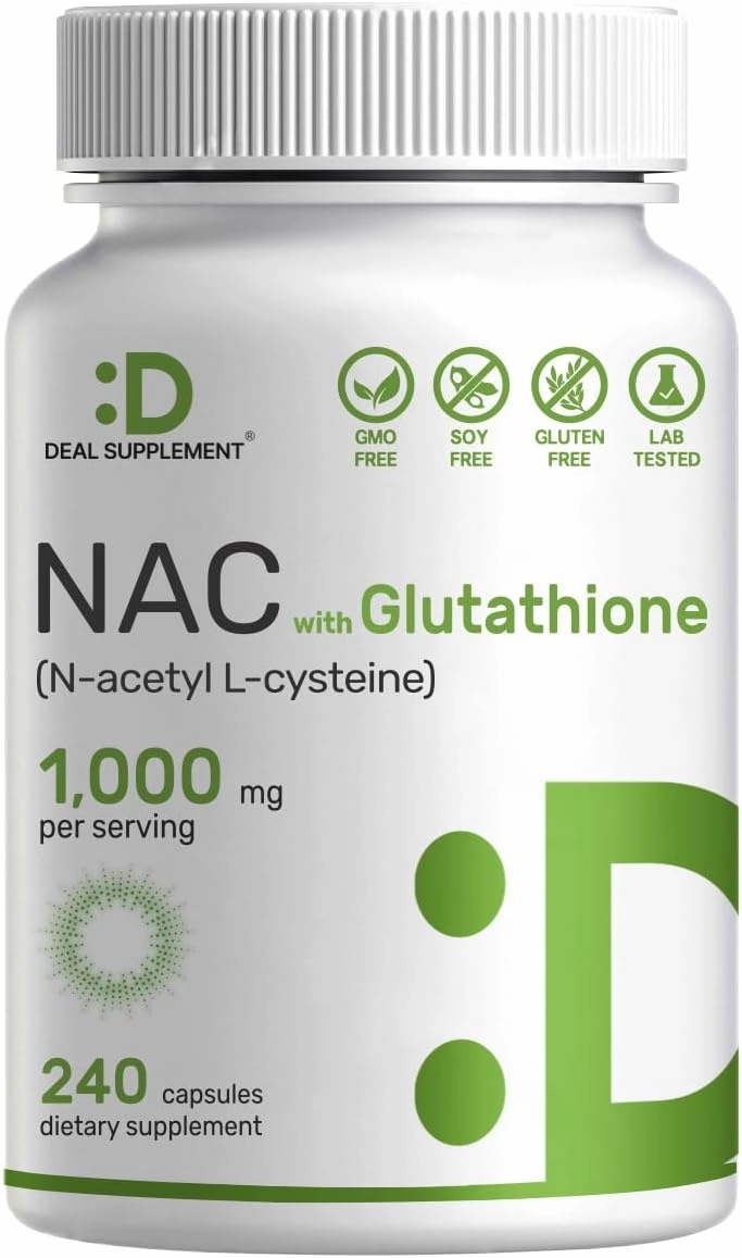 Deal Supplement NAC Supplement (N-Acetyl Cysteine) 1,000mg Per Serving with Reduced Glutathione, 240 Capsules – Antioxidant Support for Immune Health, Lung, & Liver Function