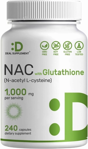 Deal Supplement NAC Supplement (N-Acetyl Cysteine) 1,000mg Per Serving with Reduced Glutathione, 240 Capsules – Antioxidant Support for Immune Health, Lung, & Liver Function