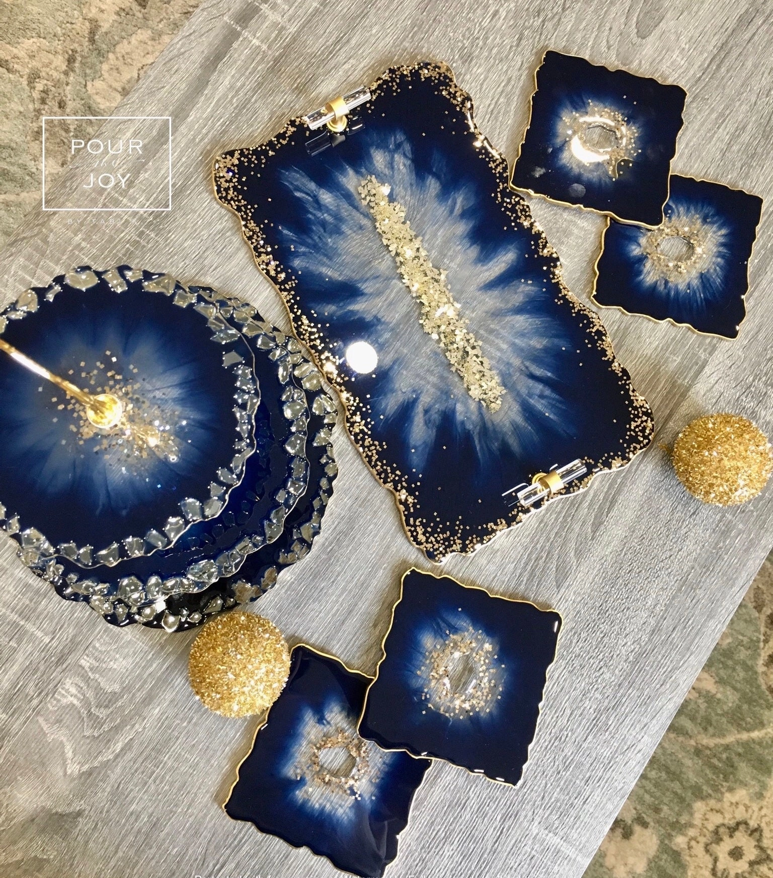 Deep Blue & Gold - Dinning Set - Resin, Gold Sparkles & Mirrors