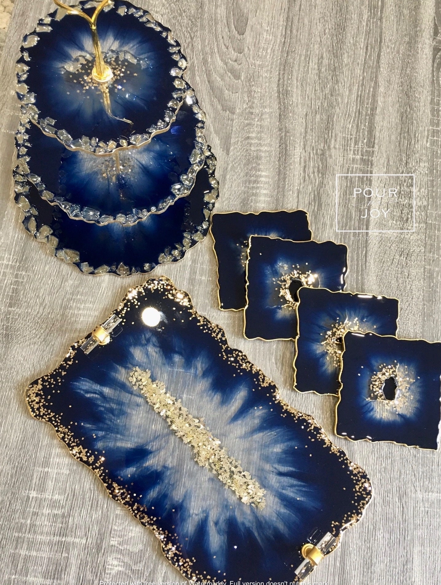 Deep Blue & Gold - Dinning Set - Resin, Gold Sparkles & Mirrors