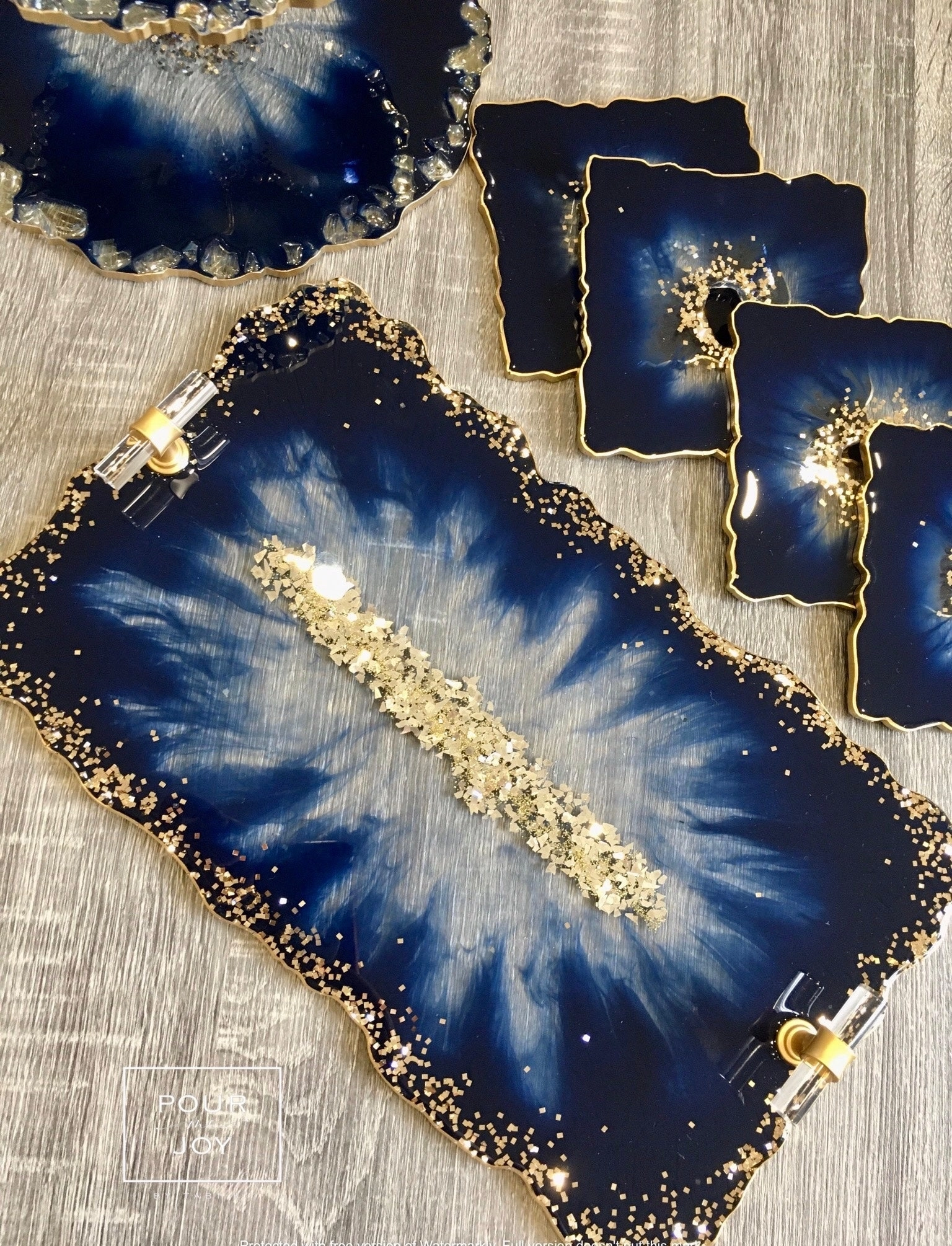 Deep Blue & Gold - Dinning Set - Resin, Gold Sparkles & Mirrors