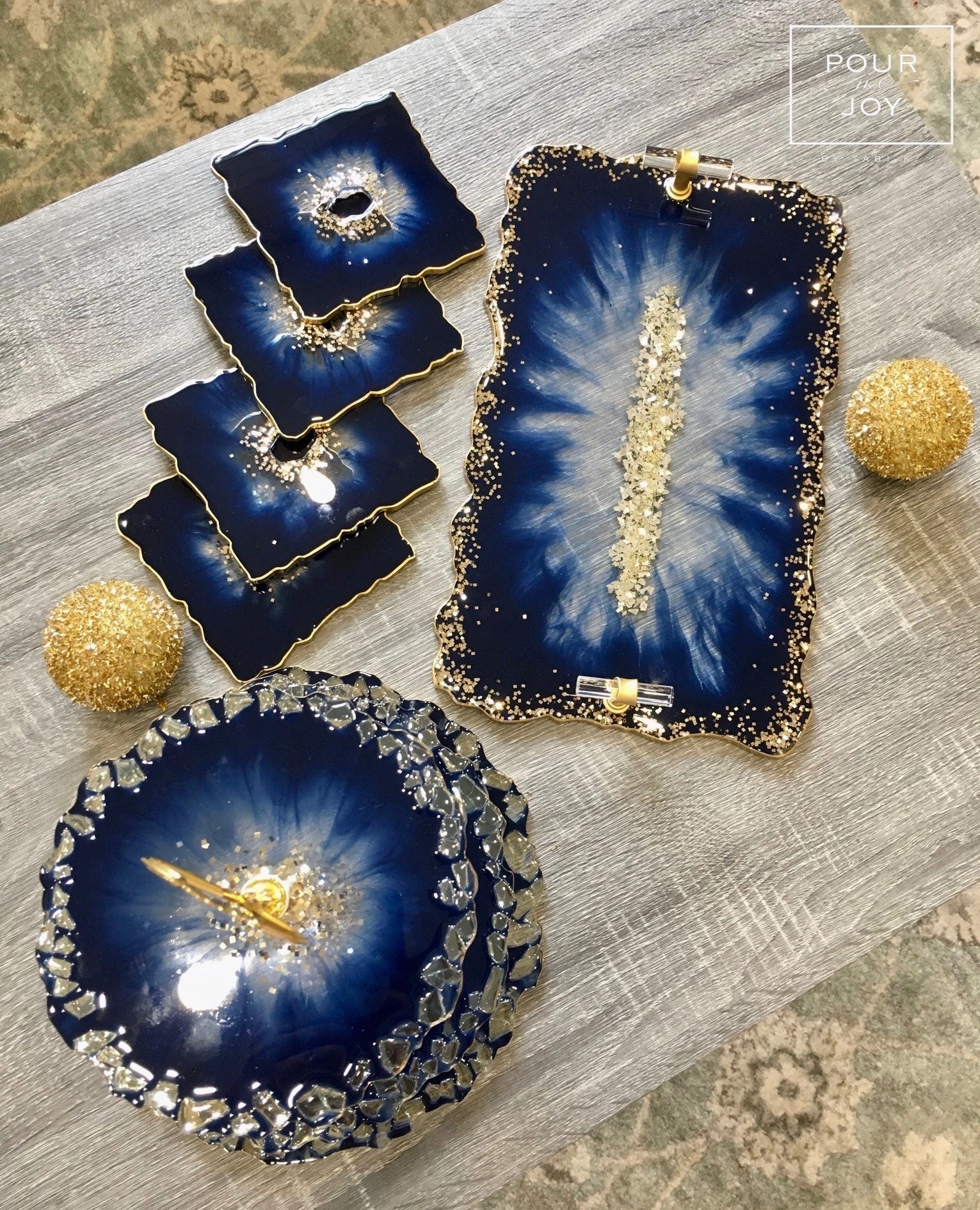 Deep Blue & Gold - Dinning Set - Resin, Gold Sparkles & Mirrors