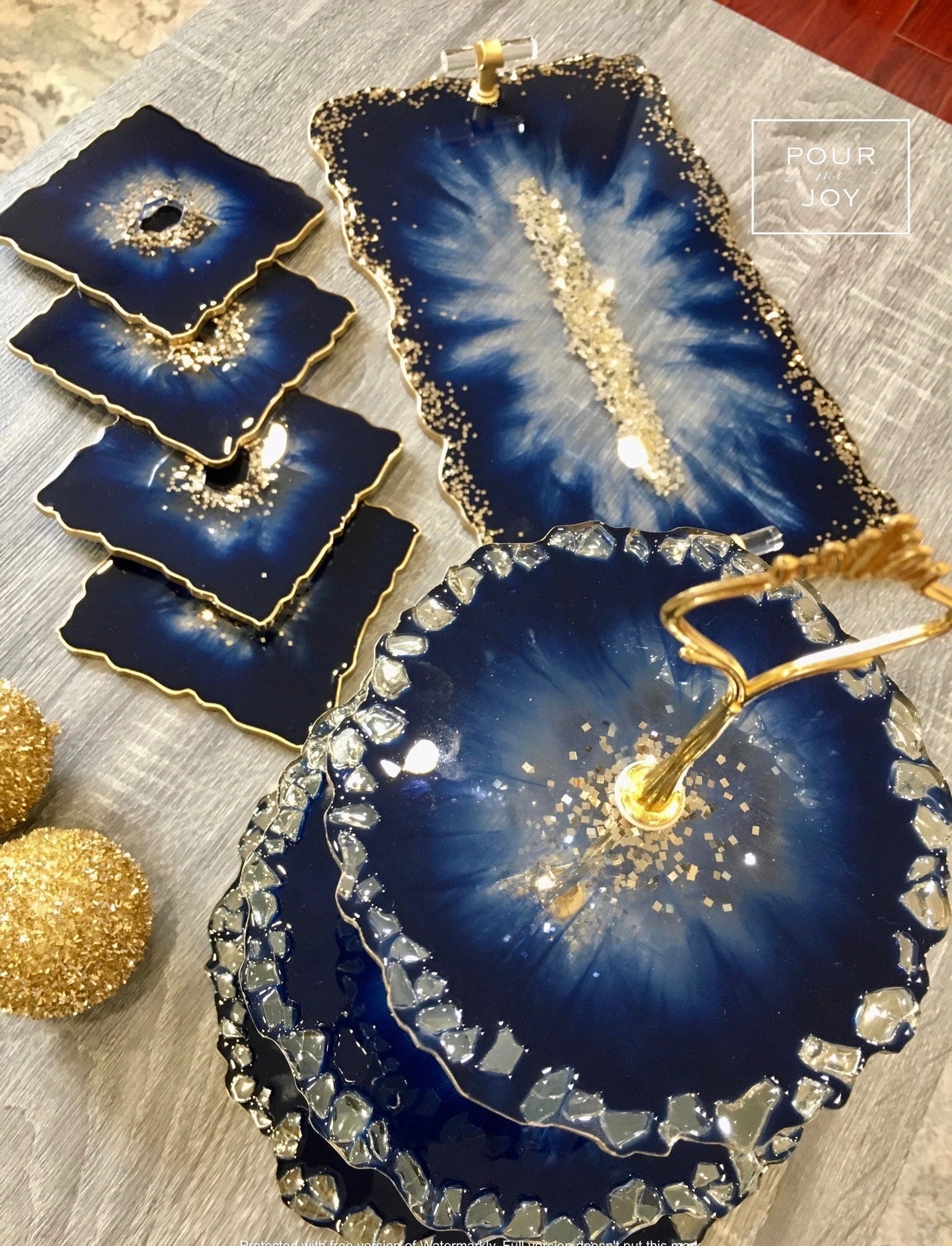 Deep Blue & Gold - Dinning Set - Resin, Gold Sparkles & Mirrors