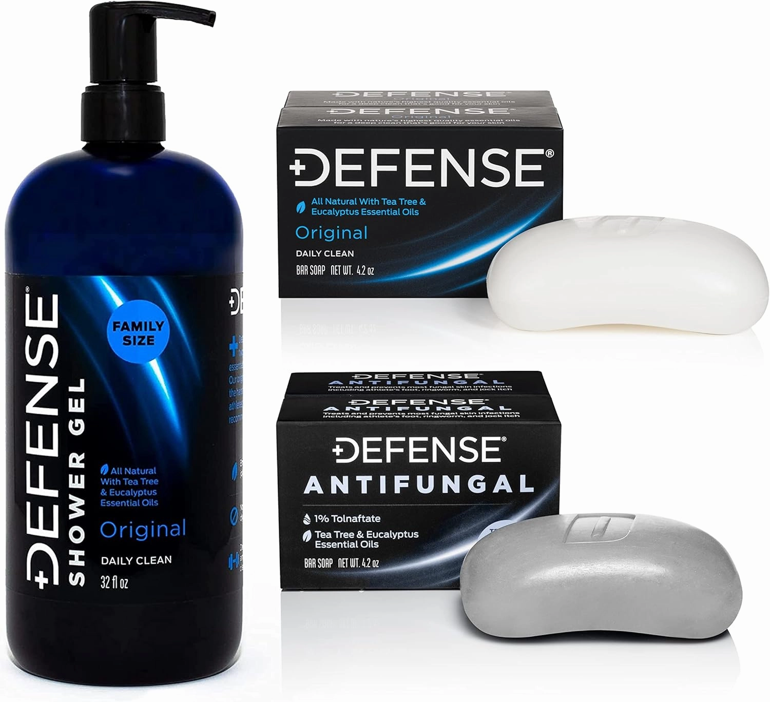 Defense Soap Antifungal Medicated Bar Soap 2-Pack, Original 4 Oz Bar (Pack of 2), & Body Wash 32 oz - Natural Shower Gel