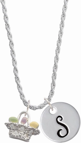 Delight Jewelry Silvertone Easter Egg Basket - Silvertone Script Initial Disc - Charm Necklace, 20" 3"
