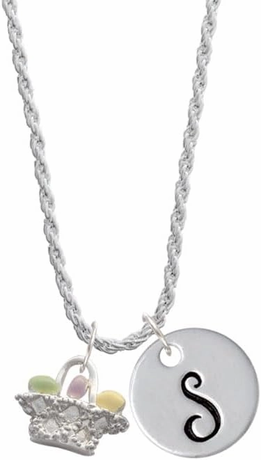 Delight Jewelry Silvertone Easter Egg Basket - Silvertone Script Initial Disc - Charm Necklace, 20" 3"