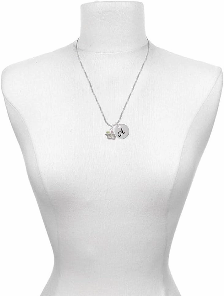 Delight Jewelry Silvertone Easter Egg Basket - Silvertone Script Initial Disc - Charm Necklace, 20" 3"