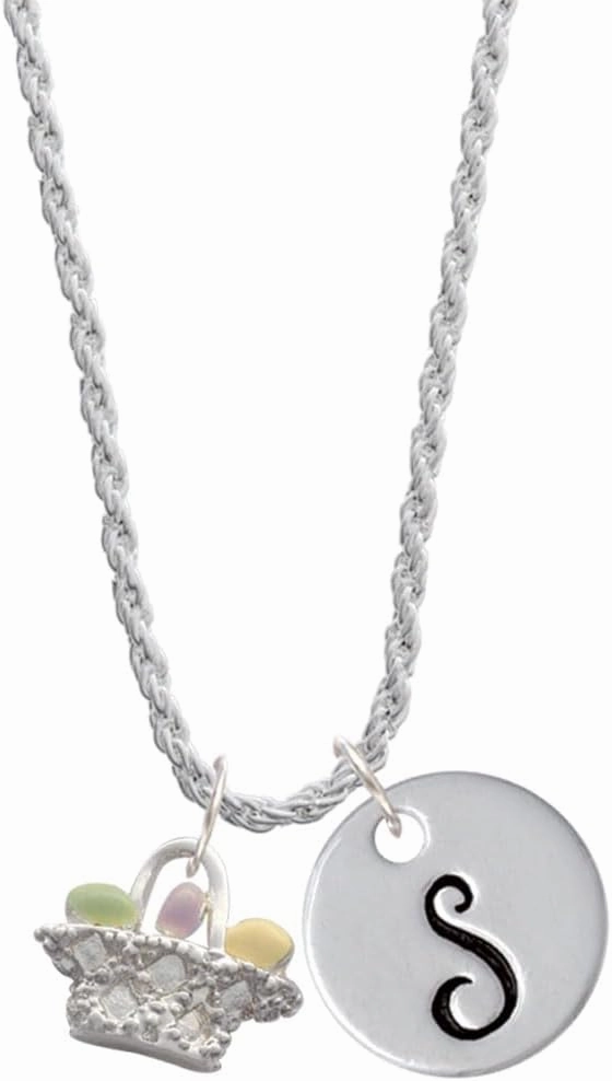 Delight Jewelry Silvertone Easter Egg Basket - Silvertone Script Initial Disc - Charm Necklace, 20" 3"