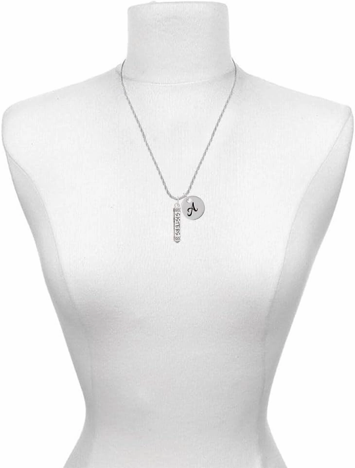 Delight Jewelry Sisters Best Friends Forever Bar - Silvertone Script Initial Disc - Charm Necklace, 20" 3"