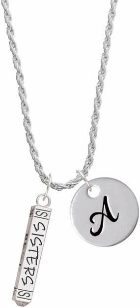 Delight Jewelry Sisters Best Friends Forever Bar - Silvertone Script Initial Disc - Charm Necklace, 20" 3"