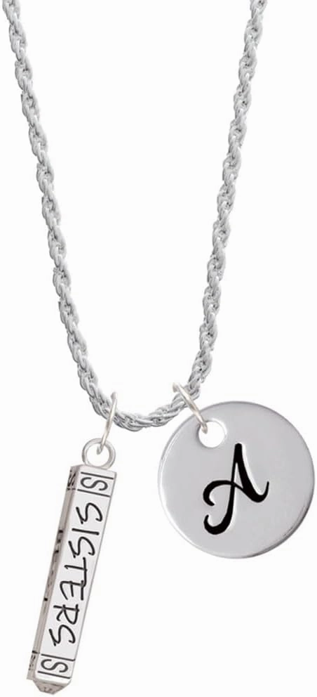 Delight Jewelry Sisters Best Friends Forever Bar - Silvertone Script Initial Disc - Charm Necklace, 20" 3"