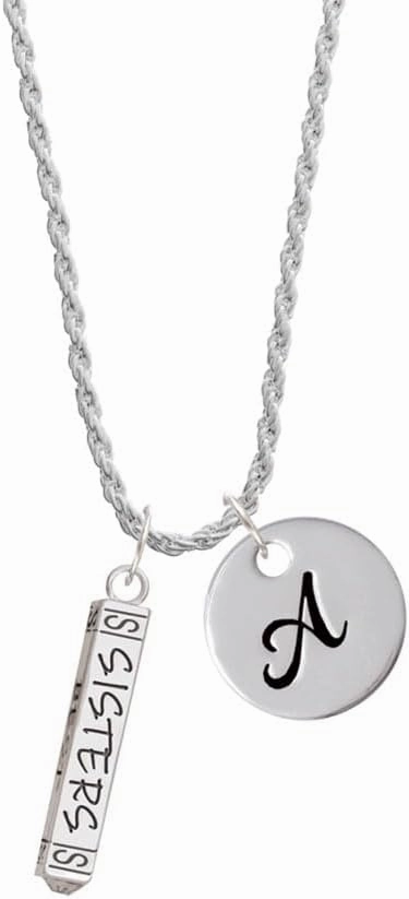 Delight Jewelry Sisters Best Friends Forever Bar - Silvertone Script Initial Disc - Charm Necklace, 20" 3"