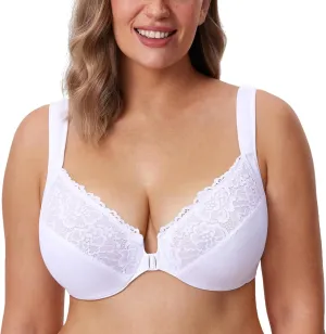 DELIMIRA Women's Front Closure Bras Plus Size Lace Full Coverage Underwire Unlined Bra