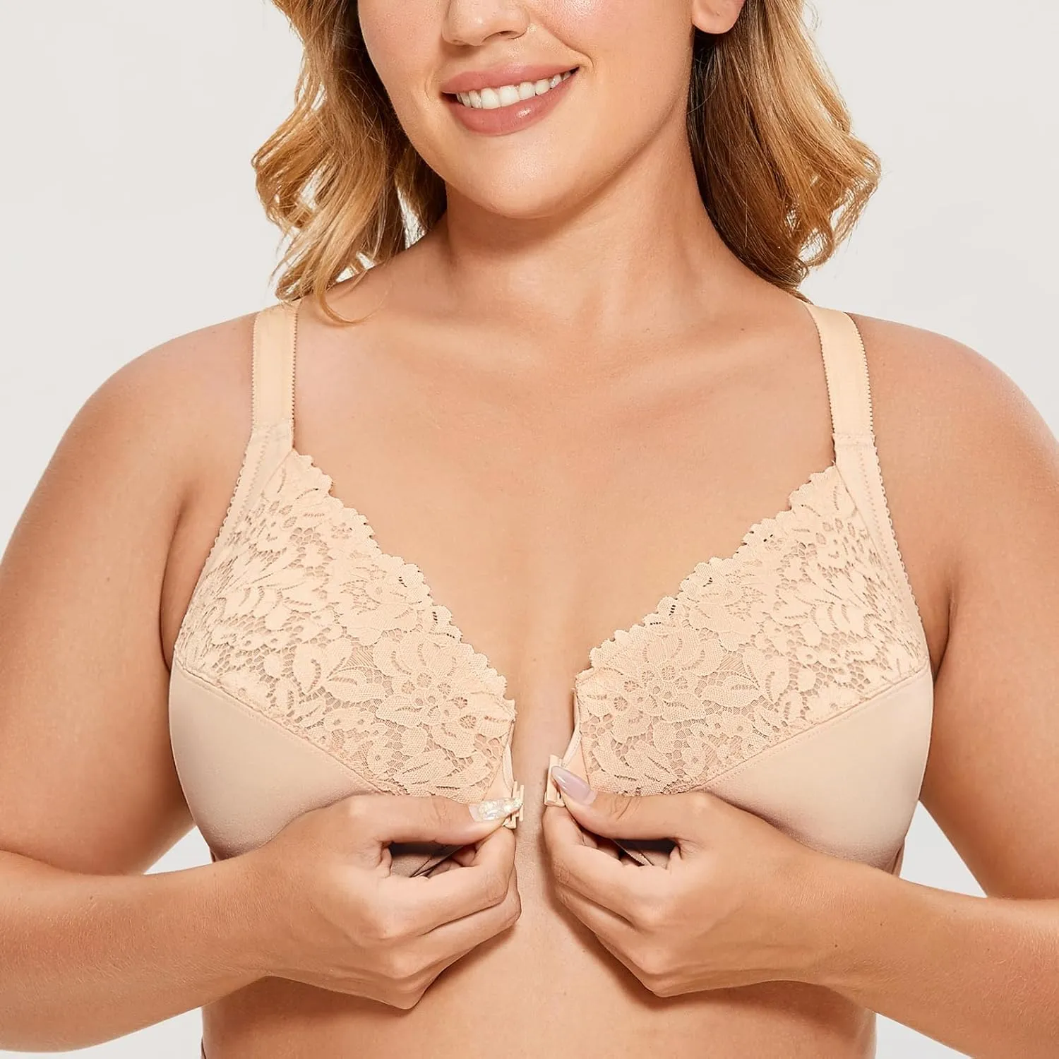 DELIMIRA Women's Front Closure Plus Size Full Coverage Lace Underwire Racerback Bra
