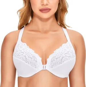 DELIMIRA Women's Front Closure Plus Size Full Coverage Lace Underwire Racerback Bra