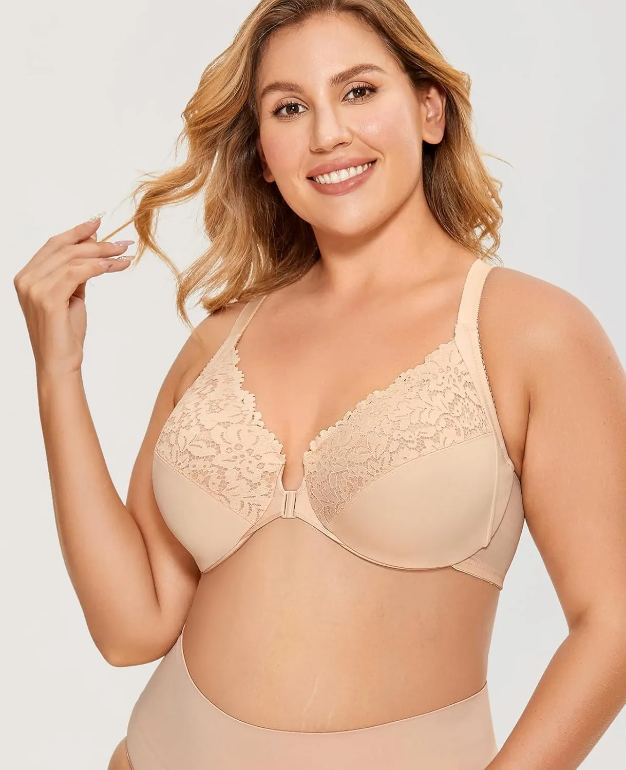 DELIMIRA Women's Front Closure Plus Size Full Coverage Lace Underwire Racerback Bra