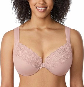 DELIMIRA Women's Front Closure Bras Plus Size Lace Full Coverage Underwire Unlined Bra
