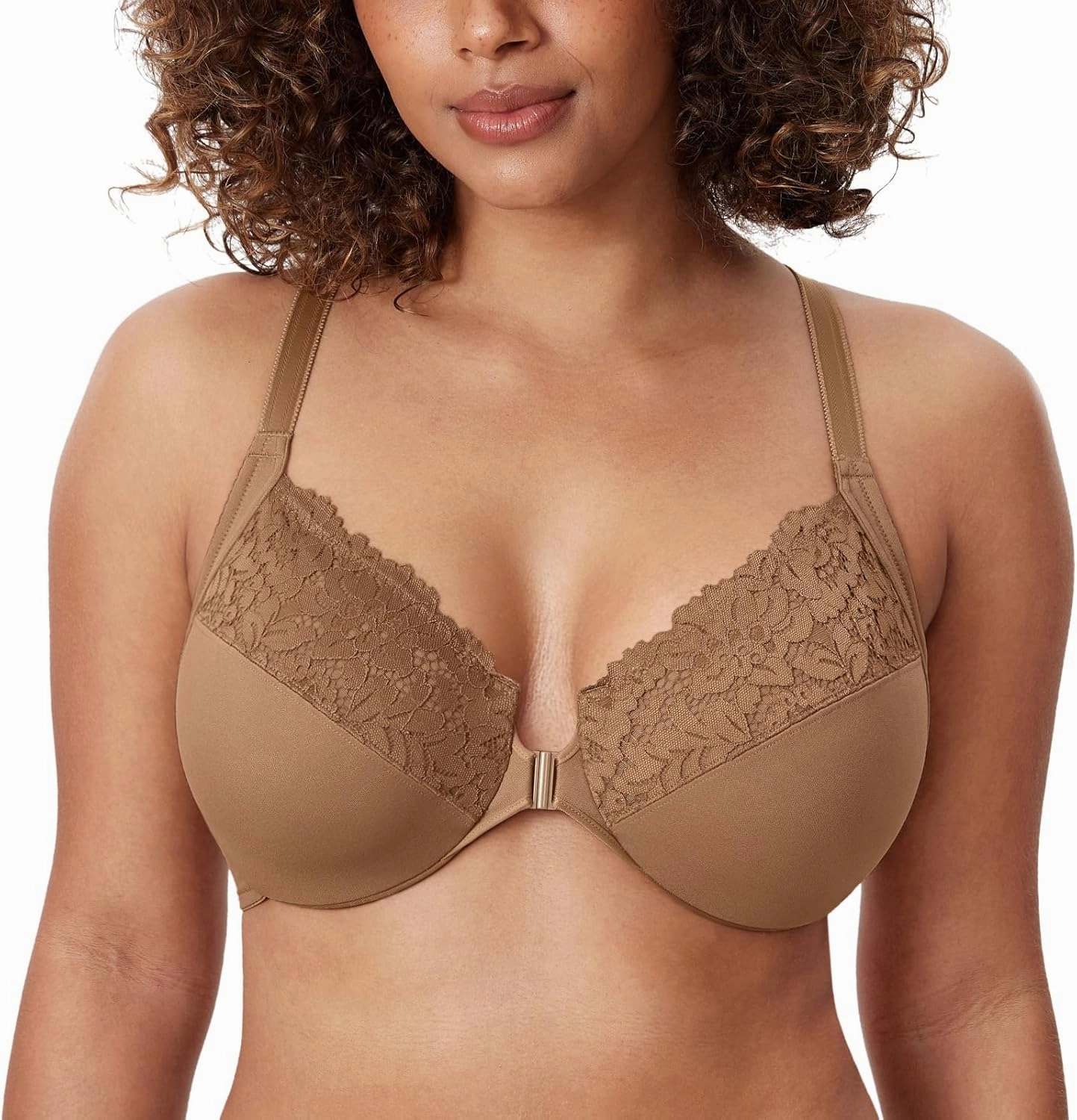 DELIMIRA Women's Front Closure Plus Size Full Coverage Lace Underwire Racerback Bra