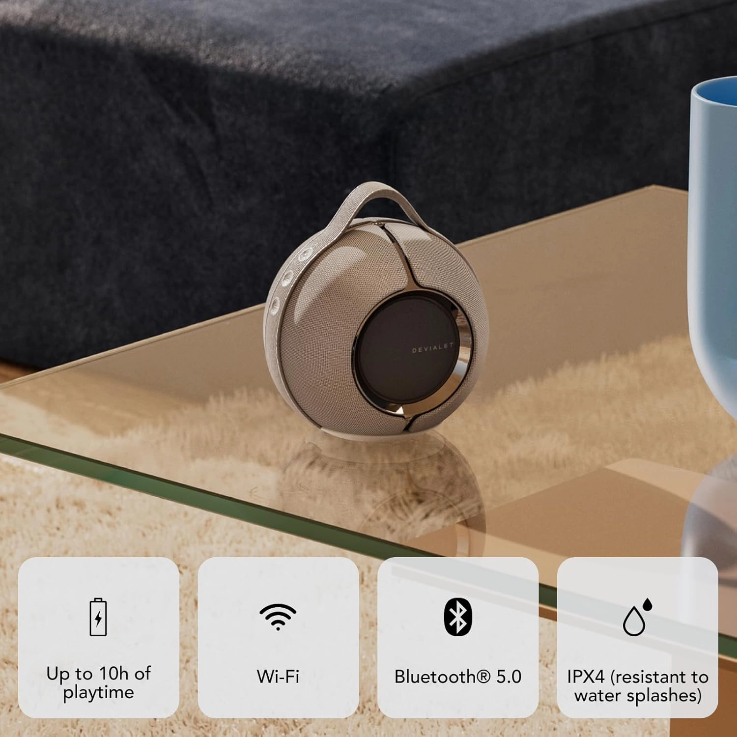 Devialet - Mania Portable Smart Speaker Light Grey- Premium Compact Sound - High-Fidelity Audio in Compact Design - Deep Bass, Smooth Connectivity, Adaptive Sound, Durable Design