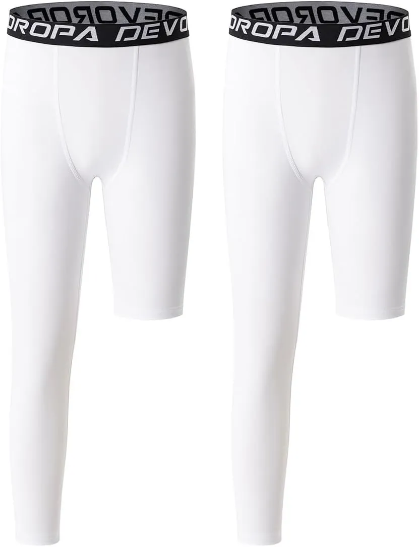 DEVOROPA Youth Boys One Leg Compression Pants for Basketball 3/4 Leggings Sports Tights Kids Athletic Soccer Base Layer