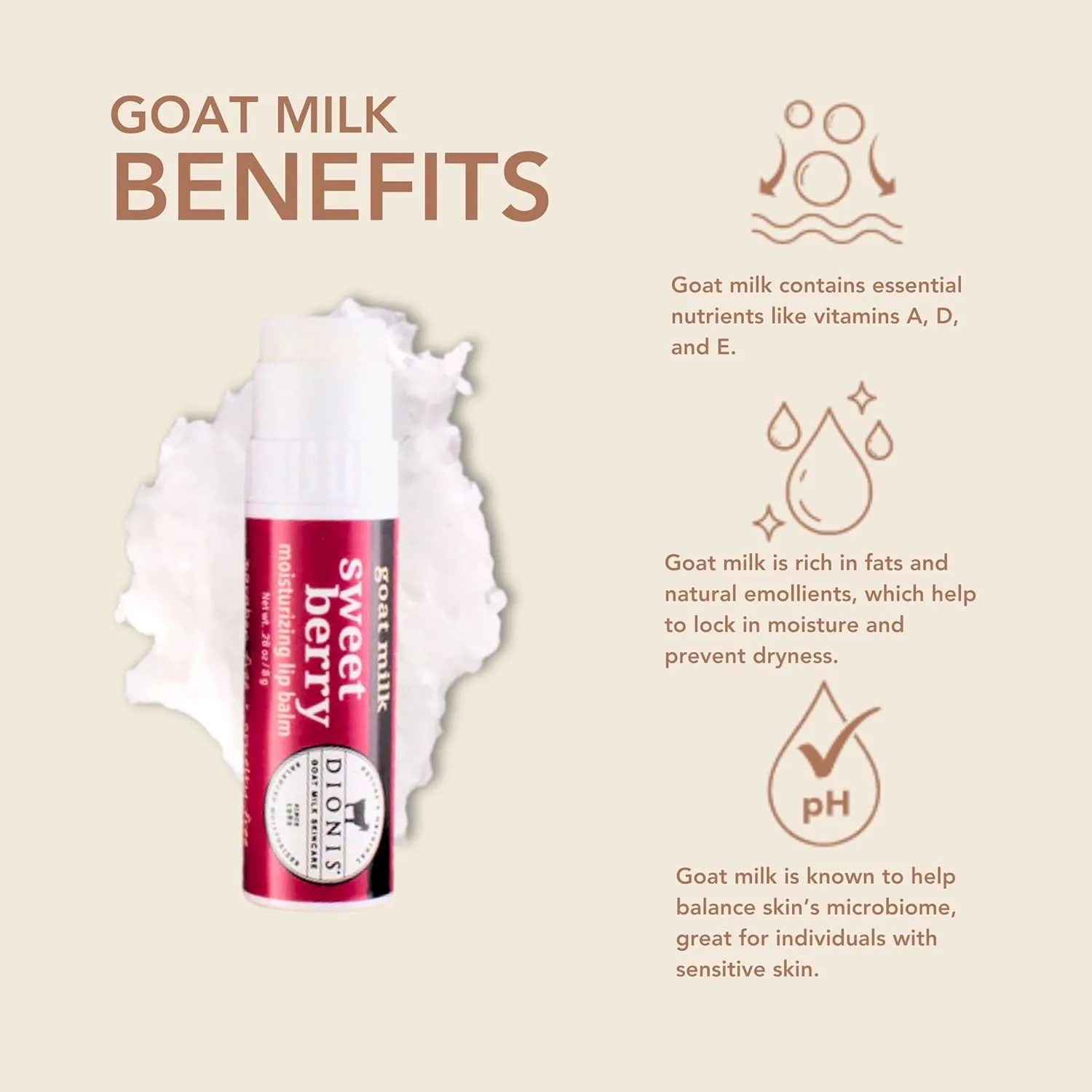 Dionis - Goat Milk Skincare Scented Lip Balm, Set of 6 (0.28 oz), Moisturize Dry and Chapped Lips, Cruelty-free and Paraben-free (Sweet Berry)