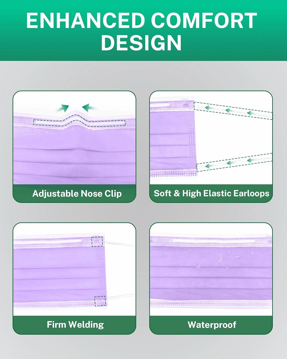 Disposable Face Masks Made in USA, 4 Ply for Families, Students, Breathable All-Day Wear & Safety, FSA HSA Eligible, ASTM Level 3 Medical Grade, 50 Pack, Purple