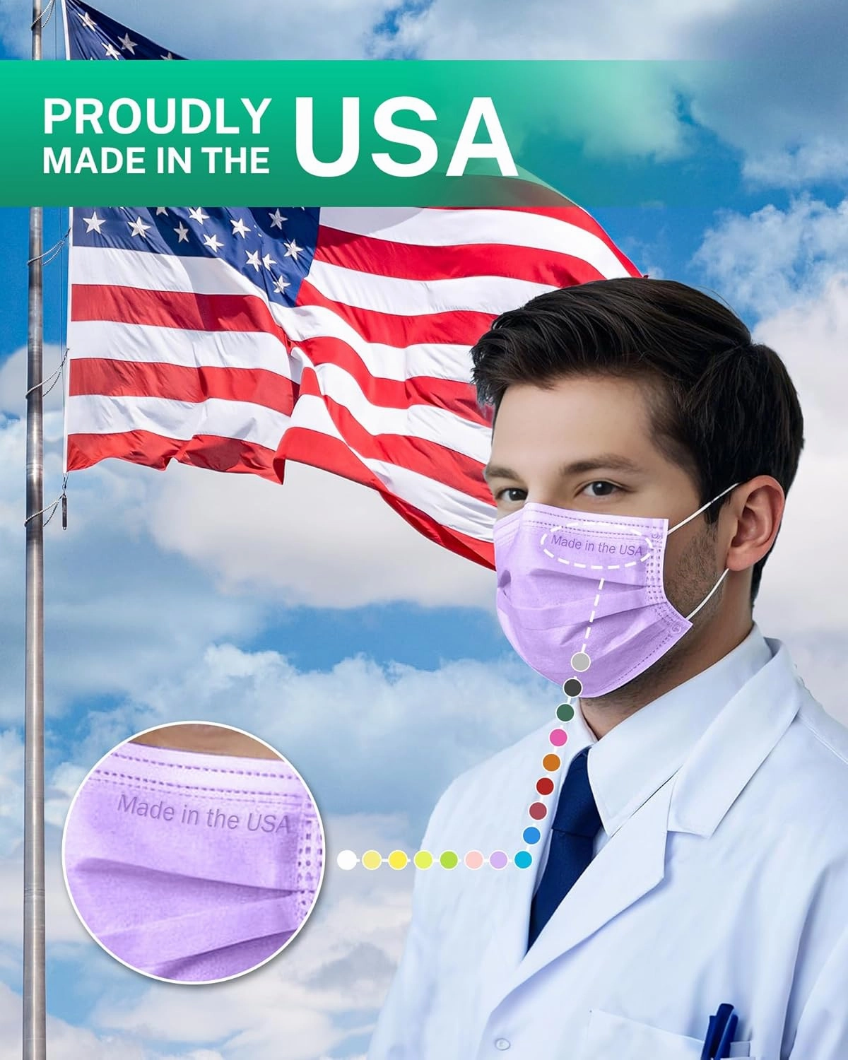 Disposable Face Masks Made in USA, 4 Ply for Families, Students, Breathable All-Day Wear & Safety, FSA HSA Eligible, ASTM Level 3 Medical Grade, 50 Pack, Purple