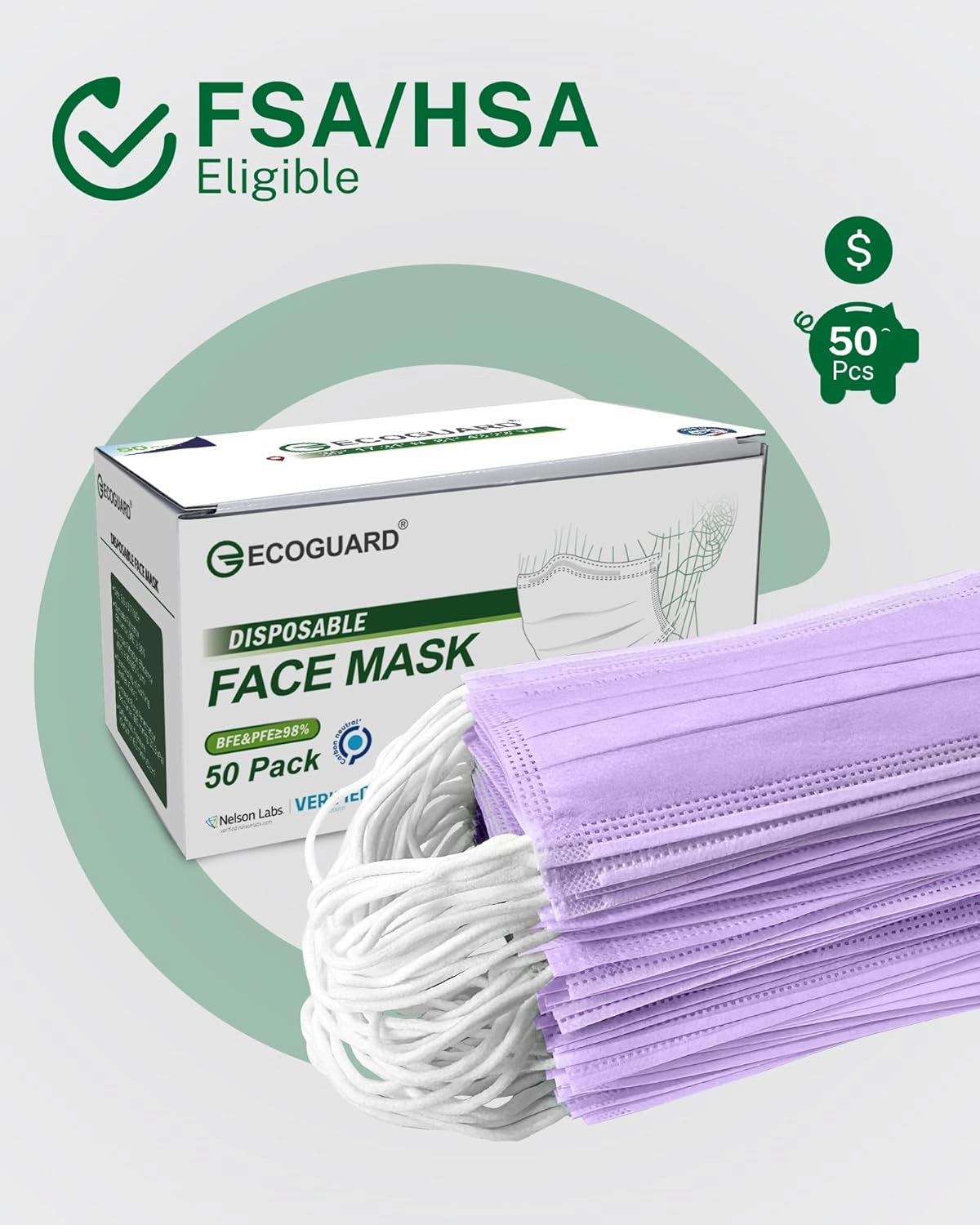 Disposable Face Masks Made in USA, 4 Ply for Families, Students, Breathable All-Day Wear & Safety, FSA HSA Eligible, ASTM Level 3 Medical Grade, 50 Pack, Purple
