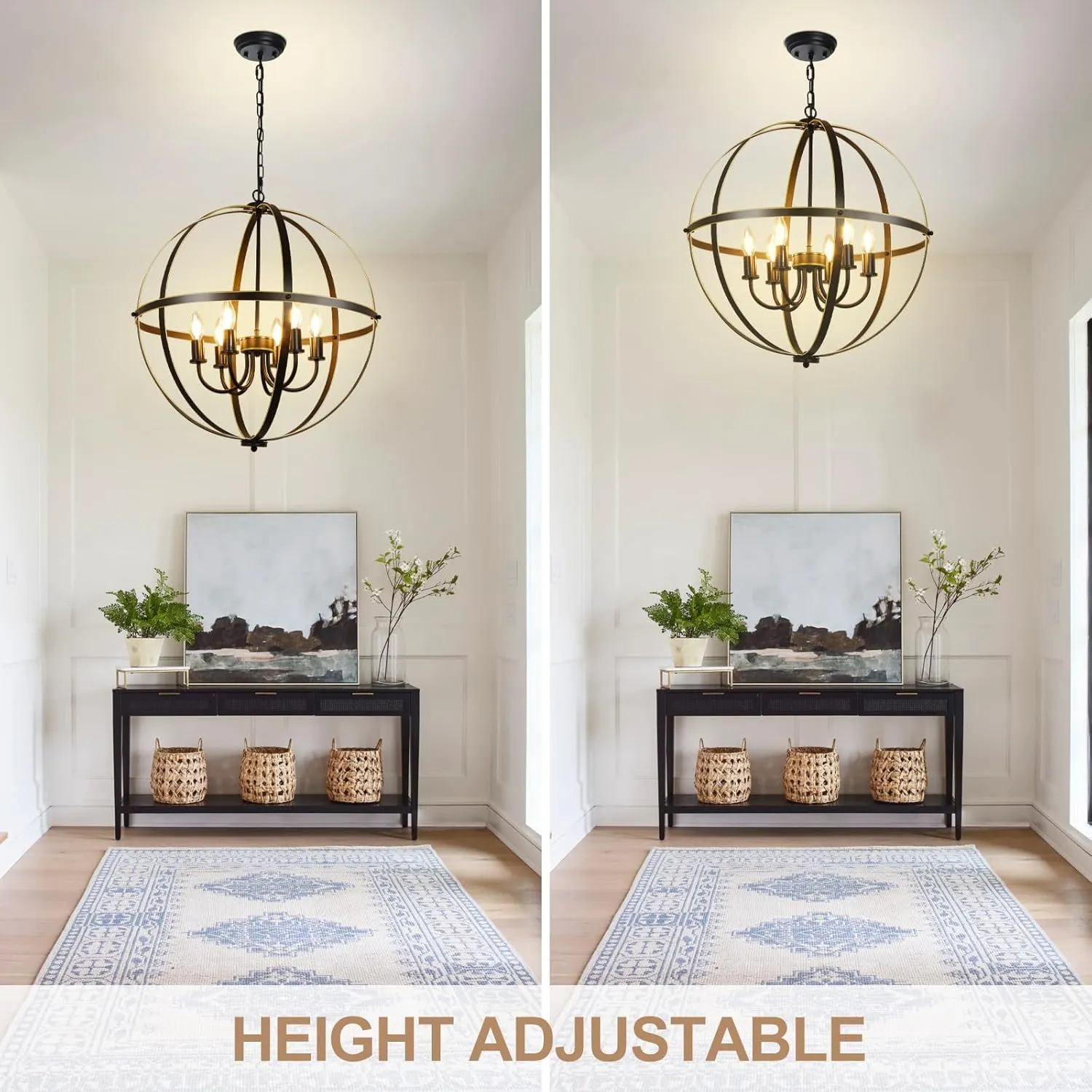 DLLT 6-Light Orb Chandelier, Black and Gold Globe Pendant Lights, Industrial Sphere Pendant Lighting Over Island, Adjustable Hanging Light with Metal Cage for Dining Room Foyer, E12 Bulbs Not Included