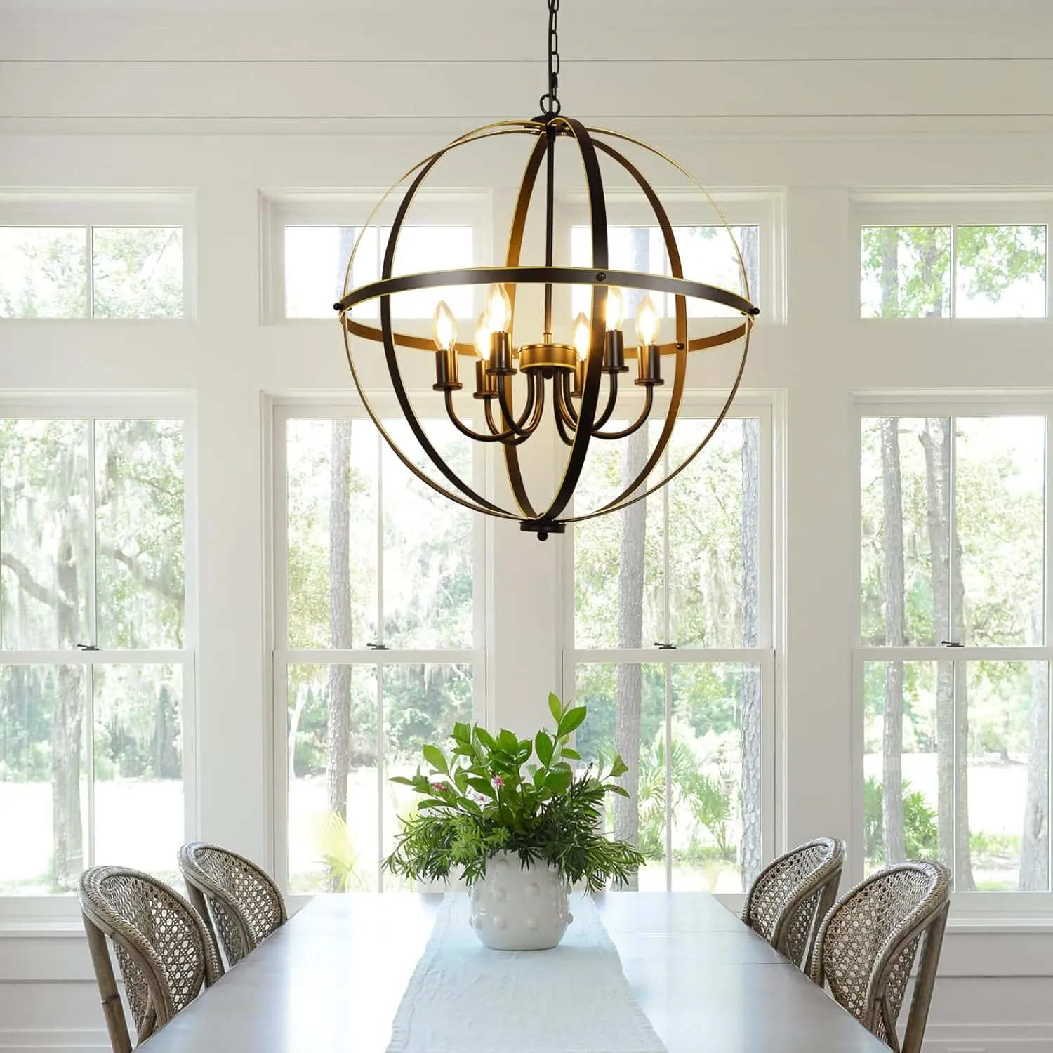 DLLT 6-Light Orb Chandelier, Black and Gold Globe Pendant Lights, Industrial Sphere Pendant Lighting Over Island, Adjustable Hanging Light with Metal Cage for Dining Room Foyer, E12 Bulbs Not Included