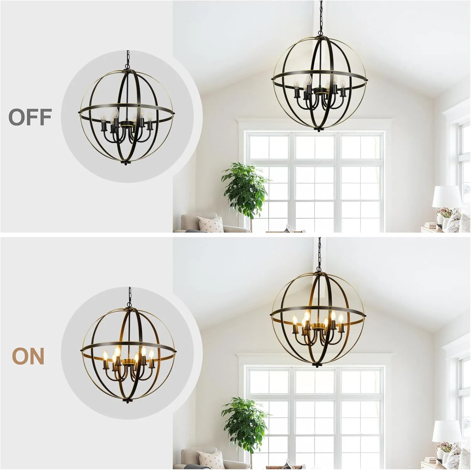 DLLT 6-Light Orb Chandelier, Black and Gold Globe Pendant Lights, Industrial Sphere Pendant Lighting Over Island, Adjustable Hanging Light with Metal Cage for Dining Room Foyer, E12 Bulbs Not Included