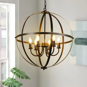 DLLT 6-Light Orb Chandelier, Black and Gold Globe Pendant Lights, Industrial Sphere Pendant Lighting Over Island, Adjustable Hanging Light with Metal Cage for Dining Room Foyer, E12 Bulbs Not Included