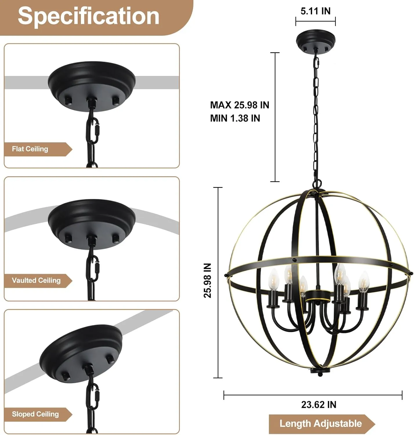DLLT 6-Light Orb Chandelier, Black and Gold Globe Pendant Lights, Industrial Sphere Pendant Lighting Over Island, Adjustable Hanging Light with Metal Cage for Dining Room Foyer, E12 Bulbs Not Included