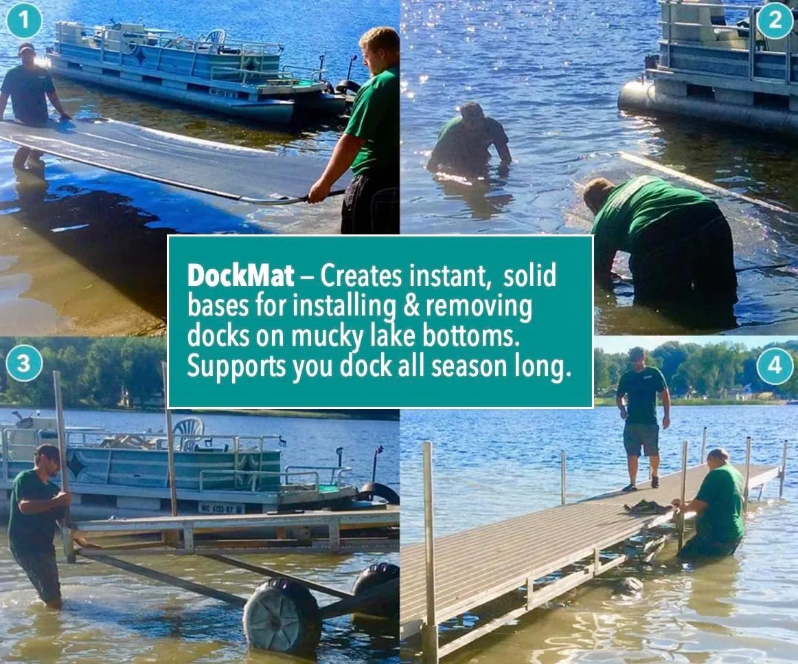 DockMat by LakeMat – Unsinkable Stabilizer for Roll-In & Standard Docks – Anti-Sink, Weed-Blocking Dock Pad for Mucky Lake Bottoms – Easy Setup, Heavy-Duty Geotextile & Steel Weed Mat